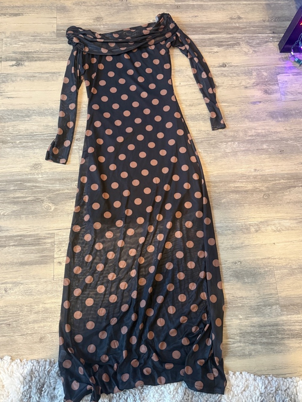 Black Maxi Dress with Brown Polka Dots - Off-Shoulder Long Sleeve